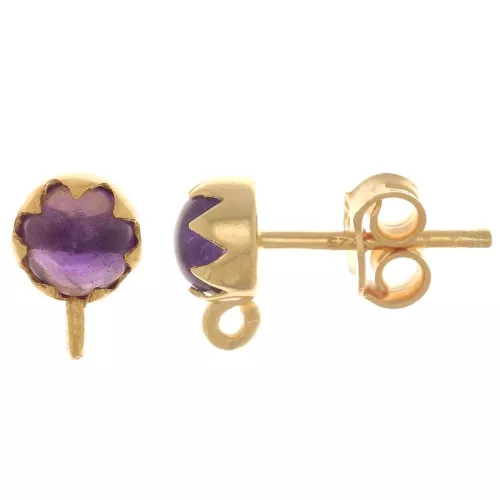 Pendientes de 6 mm con piedra preciosa - Plata de ley 925 Dorado con oro fino - Amethyste x2