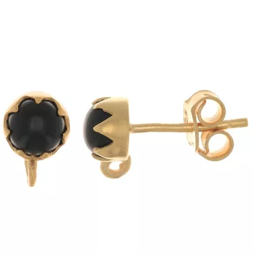 Pendientes de 6 mm con piedra preciosa - Plata de ley 925 Dorado con oro fino - Onyx noir x2