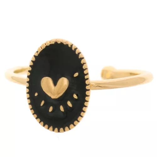 Anillo ovalado ajustable con resina epoxi - Motivo de corazón - Chapado en oro - Negro x1
