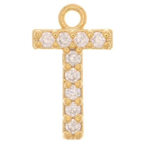 Dije letra alfabeto 10 mm con  óxido de zirconio - T - Dorado - Crystal x1