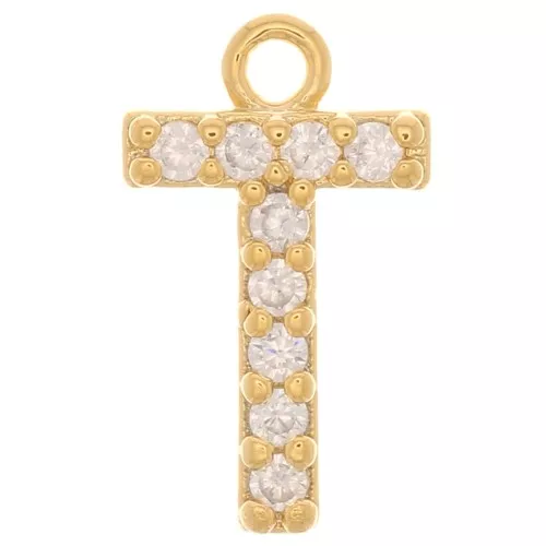 Dije letra alfabeto 10 mm con óxido de zirconio - T - Dorado - Crystal x1