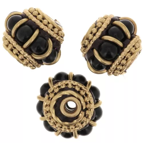 Cuenta étnica indonesia 11x13 mm - Negro - Oro x1