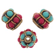 Cuenta étnica de Indonesia 11.5x11 mm - Rojo - Turquesa x1