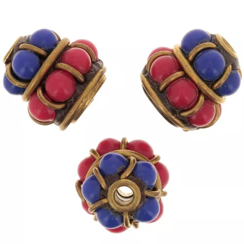 Cuenta étnica indonesia 11,5x11 mm - Rojo - Azul oscuro x1