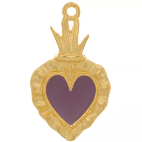 Ex-voto colgante de corazón 27x15 mm con resina epoxi - Dorado oro fino Ciruela x1