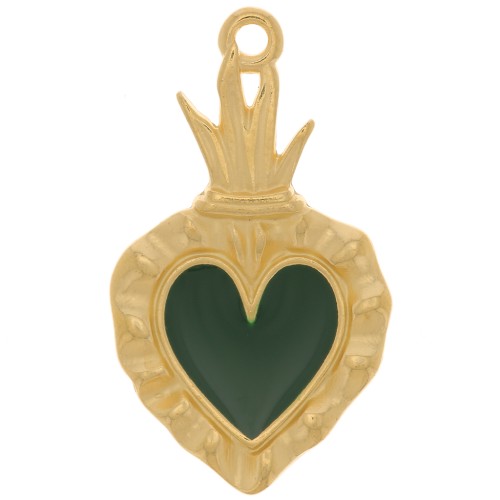 Ex-voto colgante corazón 27x15 mm con resina epoxi - Chapado en oro - Verde