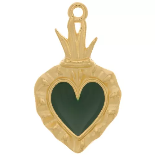 Ex-voto colgante corazón 27x15 mm con resina epoxi - Chapado en oro - Verde