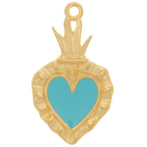 Colgante corazón Ex-voto 27x15 mm - Dorado con oro fino - Turquesa