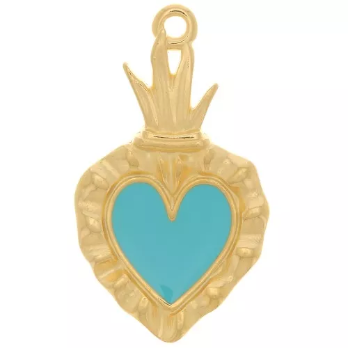 Colgante corazón Ex-voto 27x15 mm - Dorado con oro fino - Turquesa