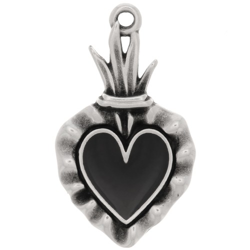 Colgante corazón Ex-voto 27x15 mm - Plateado envejecido - Negro x 1