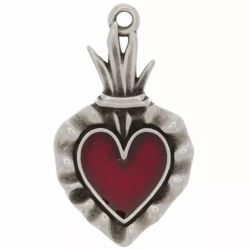 Colgante corazón Ex-voto 27x15 mm con resina epoxi - Plateado envejecido - Rojo x1