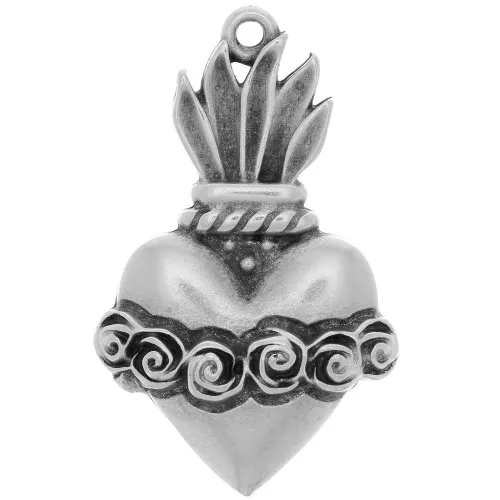 Ex-voto colgante corazón con flores 31x19 mm - Plateado antigua x1