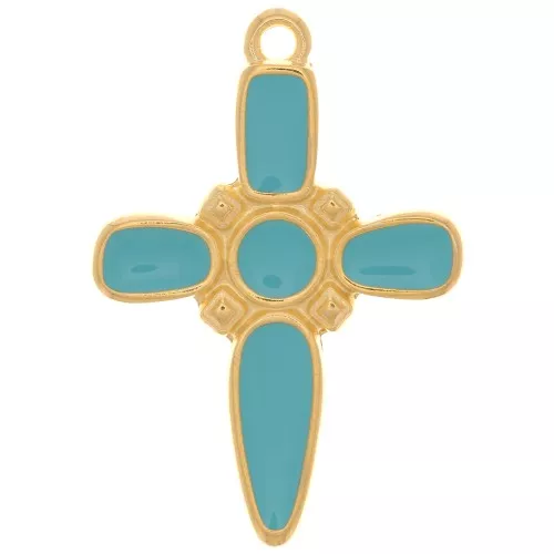 Colgante de cruz 28x19 mm con resina epoxi - Chapado en oro - Turquesa x1