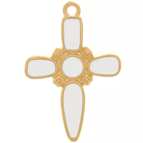 Colgante cruz 28x19 mm con resina epoxi - Dorado oro fino - Blanco x1
