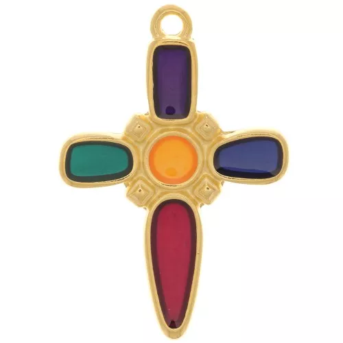Colgante de cruz 28x19 mm con resina epoxi - Chapado en oro - Multicolor x1