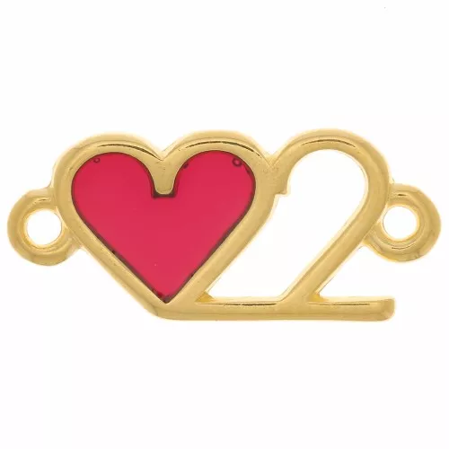 Entrepieza doble corazón resina epoxi 20x9 mm - Dorado con oro fino - Rojo x1