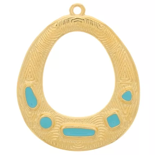 Colgante ovalado calado etnico resina epoxi 34x28mm Dorado con oro fino Turquesa