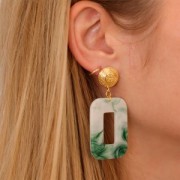 Colgante hueco rectangular de acetato 40x30 mm - Verde oscuro jaspeado - Blanco x1