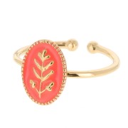 Anillo ovalado ajustable con motivo de hoja de resina epoxi - Dorado oro fino - Naranja x1|raw }}