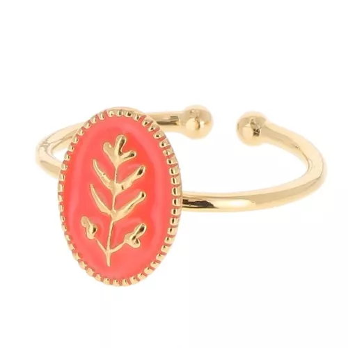 Anillo ovalado ajustable con motivo de hoja de resina epoxi - Dorado oro fino - Naranja x1