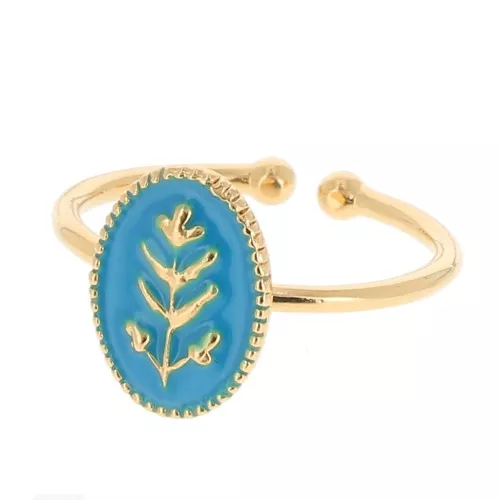 Anillo ovalado ajustable con motivo de hoja de resina epoxi - Dorado oro fino - Azul x1