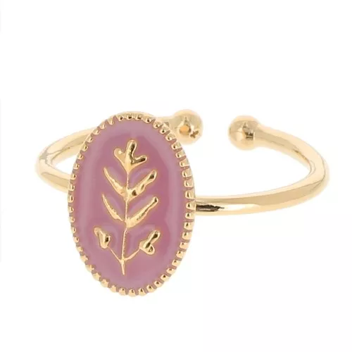 Anillo ovalado ajustable y motivo de hoja de resina epoxi - Dorado oro fino - Rosa viejo