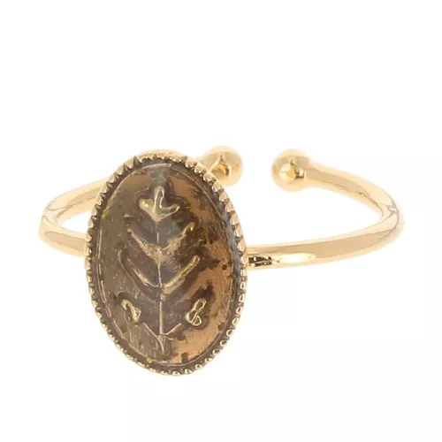 Anillo ovalado ajustable y estampado hojas de resina epoxi Dorado con purpurina fina de color marrón