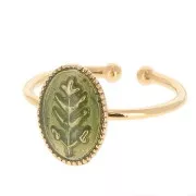 Anillo ovalado ajustable y diseño de hoja de resina epoxi Dorado con oro fino - Brillo verde