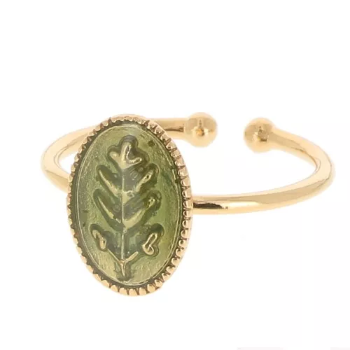 Anillo ovalado ajustable y diseño de hoja de resina epoxi Dorado con oro fino - Brillo verde