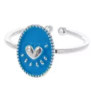 Anillo ovalado ajustable y resina epoxi - Diseño de corazón - Chapado en plata fina - Azul