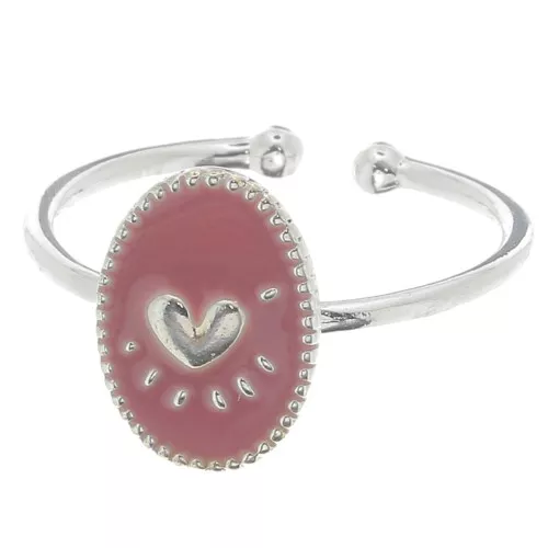 Anillo ovalado ajustable y diseño de corazón en resina epoxi - Chapado en plata fina - Rosa viejo