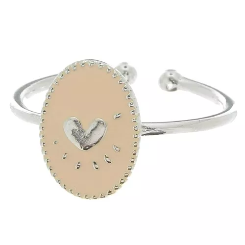 Anillo ovalado ajustable y motivo de corazón de resina epoxi - Chapado en plata fina - Nude