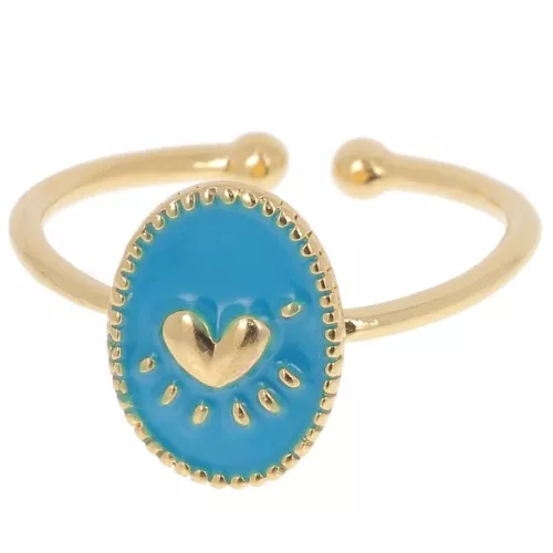 Anillo ovalado ajustable con resina epoxi - motivo de corazón - Dorado con oro fino - Azul