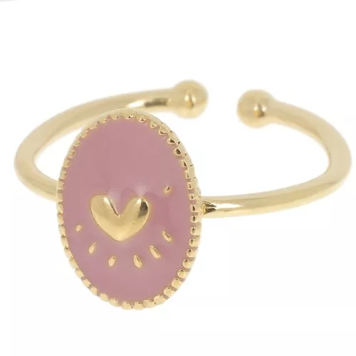 Anillo ovalado ajustable con motivo de corazón de resina epoxi - Dorado oro fino - Rosa viejo