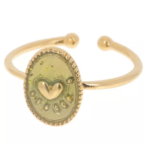 Anillo ovalado ajustable y diseño de corazón de resina epoxi Dorado con oro fino - Brillo verde