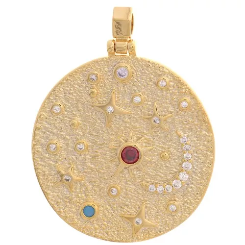 Colgante redondo irregular 29 mm - sol y estrellas con óxido de zirconio doradas - Multicolor