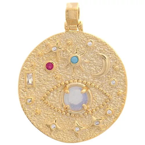 Colgante redondo irregular 27 mm - ojo y estrellas con óxido de zirconio - Dorado - Multicolor