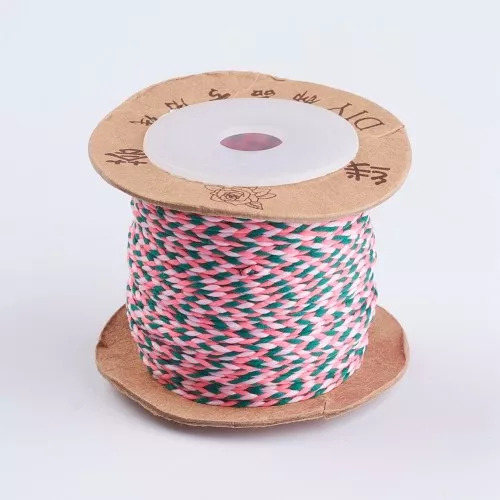 Cordón de algodón trenzado plano 2 mm - Rosa fluorescente - Rosa claro - Verde oscuro x1m