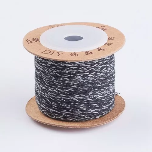 Cordón de algodón trenzado plano 2 mm - Negro - Gris x1m