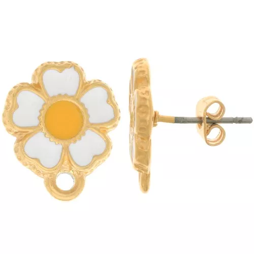 Pendientes de margarita de 13 mm con resina epoxídica - Dorado oro fino - Blanco x2