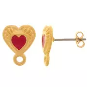 Ganchos Pendientes corazón 14x11 mm con resina epoxí- Dorado oro fino - Rojo x2