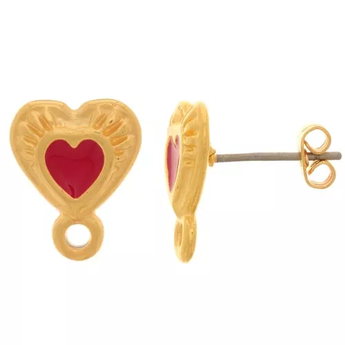 Ganchos Pendientes corazón 14x11 mm con resina epoxí- Dorado oro fino - Rojo x2
