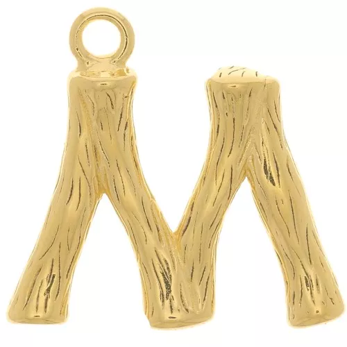 Colgante letra del alfabeto efecto bambú 15x15.5 mm - M - Chapado en oro x1