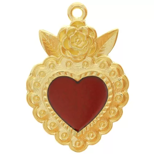 Colgante corazón con flor 27x18 mm y resina epoxi - Chapado en oro - Rojo x1