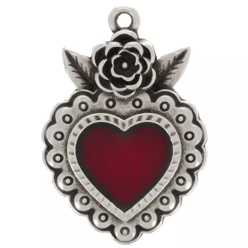 Colgante corazón con flor 27x18mm y resina epoxi Chapado en plata fina - Rojo