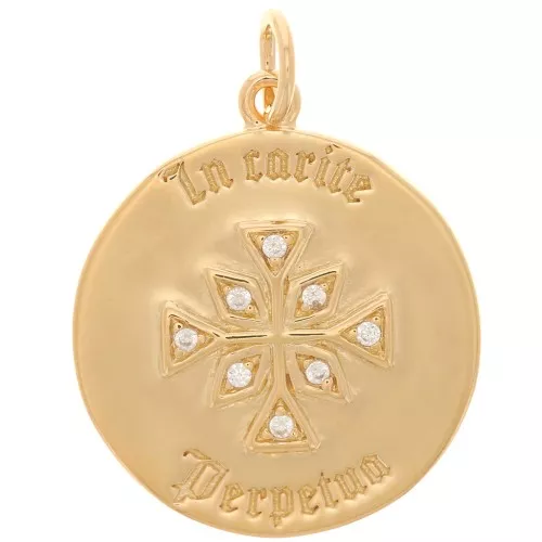 Colgante redondo de 17 mm con óxido de zirconio - diseño en forma de cruz - chapado en oro de 3 micras - Cristal x1