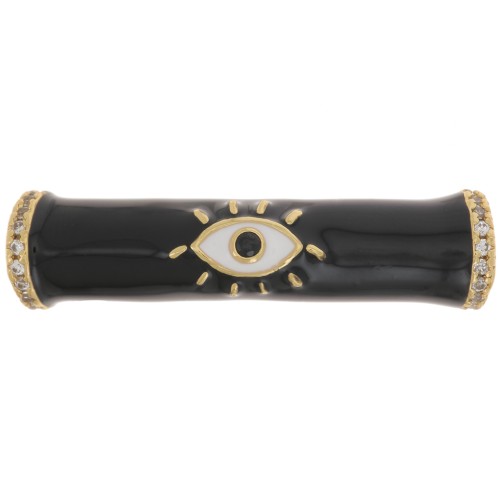Cuenta de tubo curvado en resina epoxi y  óxido de zirconio 33x8 mm con diseño de ojo - Oro - Negro x1