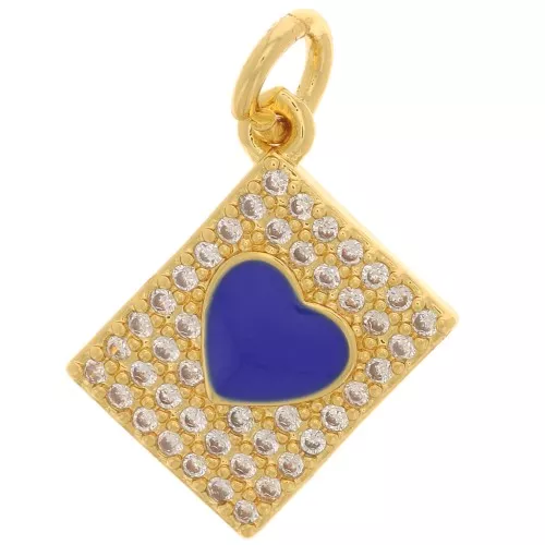 Colgante rectangular con motivo de corazón de  óxido de zirconio en resina epoxi 13x9 mm - Oro - Azul