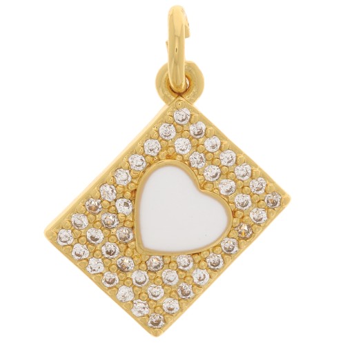 Colgante rectangular con motivo de corazón de óxido de zirconio en resina epoxi 13x9 mm - Oro - Blanco