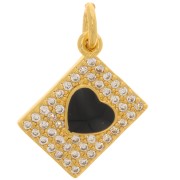 Colgante rectangular con motivo de corazón de  óxido de zirconio en resina epoxi 13x9 mm - Oro - Negro|raw }}